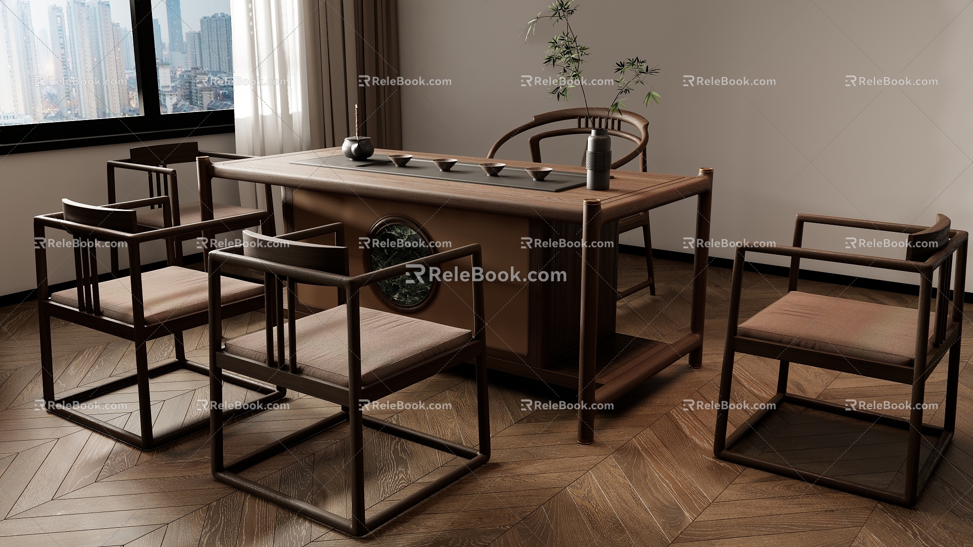 New Chinese Zen Tea Table and Chair Combination 3d model