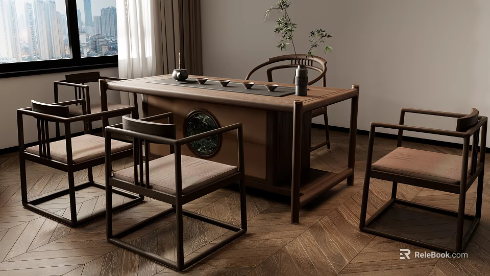 Wooden Tea Table And Traditional Chairs With Tea Set Potted Plant And Window View In Room 3d model 