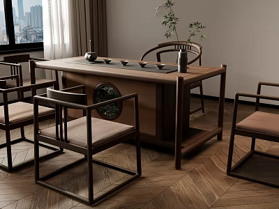 Wooden Tea Table And Traditional Chairs With Tea Set Potted Plant And Window View In Room 3d model