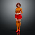 Stylish Woman in Orange Sweater and Red Skirt with Orange Stockings Red Shoes and Glasses