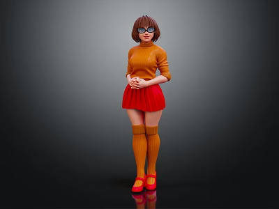 Stylish Woman in Orange Sweater and Red Skirt with Orange Stockings Red Shoes and Glasses 3d model