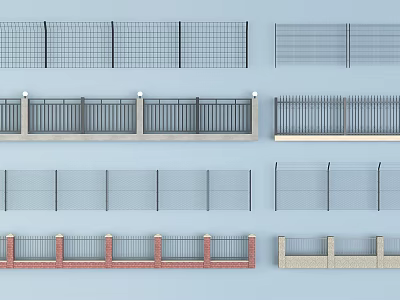 Different Types of Fence Designs Including Metal Grid Brick Base and Decorative Posts 3d model