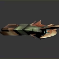 Decorative Orange and Green Bow with Intricate 3D Rendered Weapon Design Details