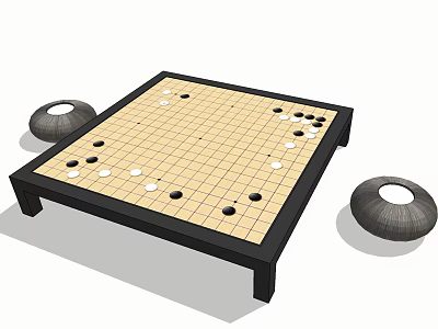 Traditional Go Game Setup With Wooden Board Black White Stones And Bowls 3d model