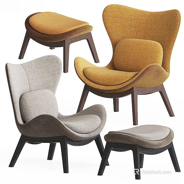 Modern Single Sofa with Gray Yellow Fabric Upholstery and Wooden Legs Various Styles 3d model 