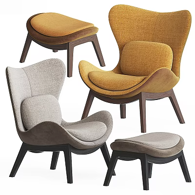 Modern Single Sofa with Gray Yellow Fabric Upholstery and Wooden Legs Various Styles 3d model