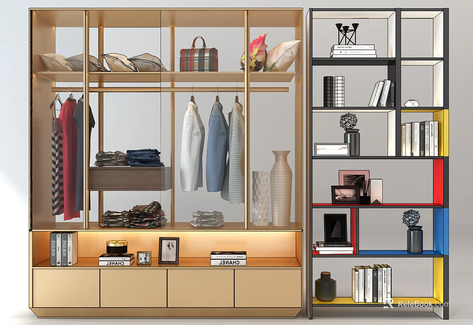 Modern Wardrobe Design With Open Shelves Hanging Clothes Books Bags And Decorative Vase 3d model 