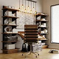 Vintage Wooden Desk With Map Drawings Shelves Books Trunk And Pendant Lights