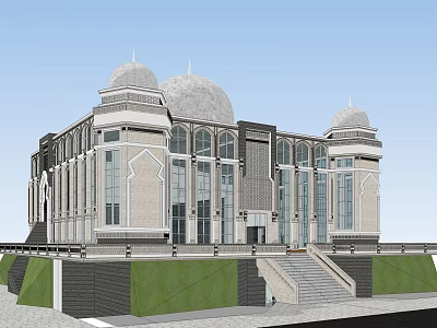 Historic Islamic Architecture With Domes Arched Windows Stone Steps And Green Lawn 3d model