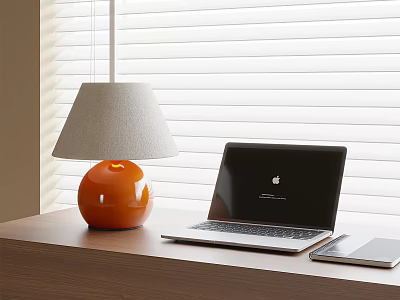 Table Lamp With Orange Globe Base Gray Shade On Wooden Desk With Laptop Window Blinds 3d model