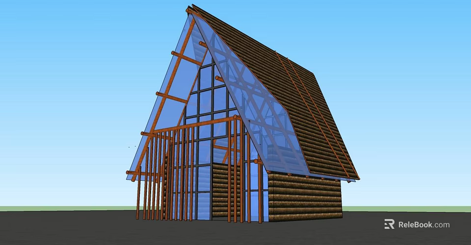 Wooden House Structure With Triangular Roof And Large Glass Windows 3d model 