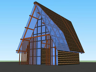 Wooden House Structure With Triangular Roof And Large Glass Windows 3d model