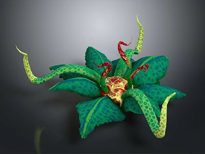 Mystical Fantasy Plant Creature With Spotted Green Leaves Curved Yellow Tentacles And Red Gold Center 3d model
