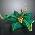 Mystical Fantasy Plant Creature With Spotted Green Leaves Curved Yellow Tentacles And Red Gold Center