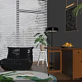 Wooden Dining Table with Fruit Bowl Potted Plant Floor Lamp and Decorative Painting in Cozy Room