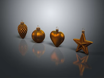 Golden Decorative Ornament Set with Pinecone Ball Heart and Star Shapes for Home Decor 3d model