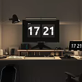 Modern Computer Desk Setup With Monitor Keyboard Mouse Desk Lamp And Digital Clock