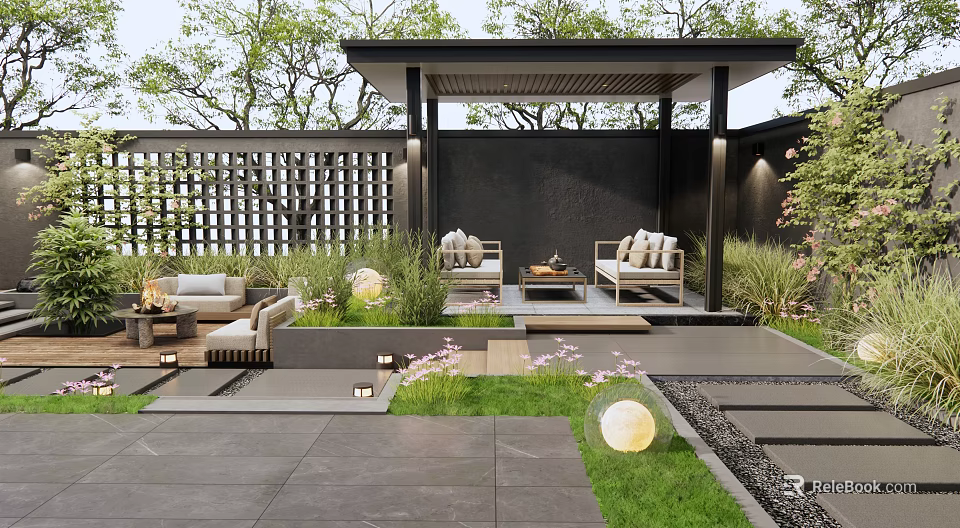 Courtyard Garden Design With Covered Patio Cozy Sofas Lush Green Plants And Stone Flooring 3d model 