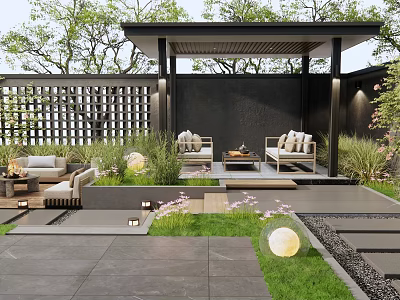 Courtyard Garden Design With Covered Patio Cozy Sofas Lush Green Plants And Stone Flooring 3d model