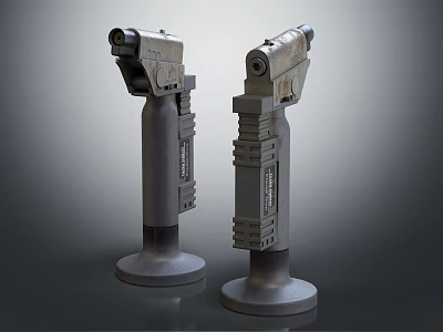 Pair of Gray Mechanical Weapons with Display Base and Detailed Industrial Design 3d model