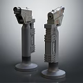 Pair of Gray Mechanical Weapons with Display Base and Detailed Industrial Design