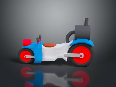 Colorful Toy Motorcycle Design With Blue White Red Body Red Wheels And Brown Seat 3d model