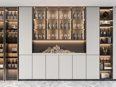 Modern Elegant Wine Cabinet With Glass Shelves Wine Bottles Wine Glasses Lighting And Storage Cabinets 3d model