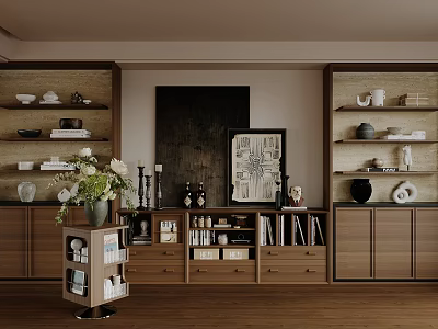 Wooden Display Cabinet With Dishes Vase Books And Decorations In Modern Interior 3d model