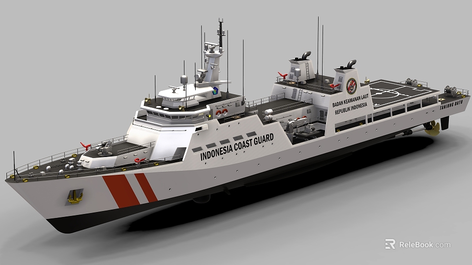 Indonesian Coast Guard Warship With White Hull Red Stripes And Communication Antennas 3d model 