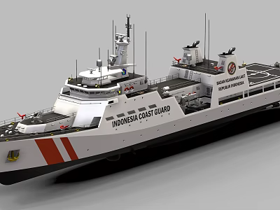 Indonesian Coast Guard Warship With White Hull Red Stripes And Communication Antennas 3d model