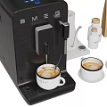 Sleek Black Coffee Machine Kitchen Appliances With White Cups Coffee Jars And Bean Bag
