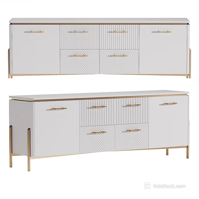 Modern Luxury White TV Stand With Gold Handles Drawers and Cabinets 3d model 