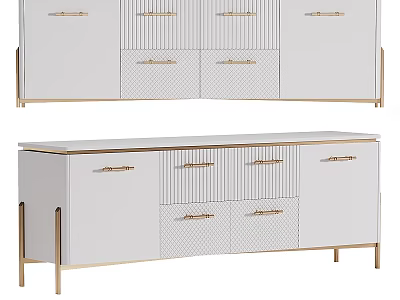 Modern Luxury White TV Stand With Gold Handles Drawers and Cabinets 3d model