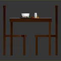 Wooden Dining Table With Four Carved Decorative Chairs And White Tabletop With Food Plates