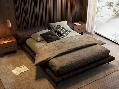 Modern Double Bed Bedroom With Wooden Headboard Pillows Duvet Nightstands Lamp And Snowy Window View 3d model