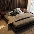 Modern Double Bed Bedroom With Wooden Headboard Pillows Duvet Nightstands Lamp And Snowy Window View