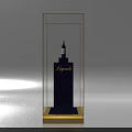 Display Showcase with Golden Frame Transparent Design Holding Blue L'egende Bottle on Golden Base