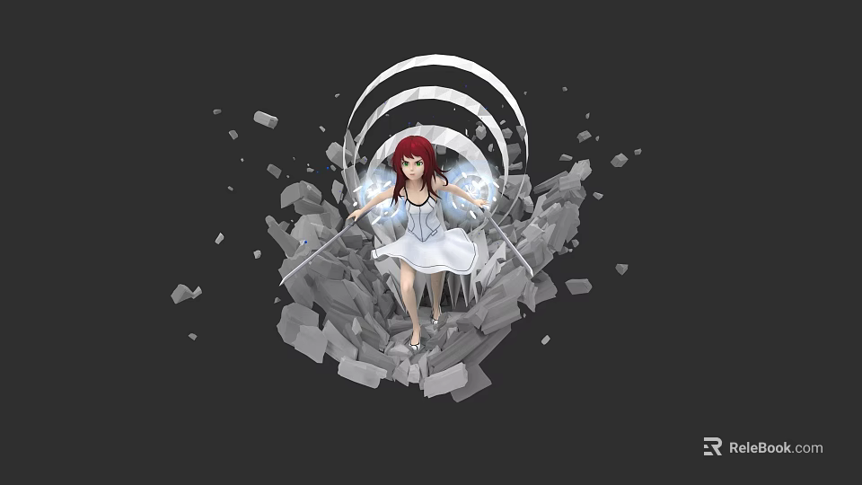 Woman with red hair in white dress emerging from broken stones with white curved structure 3d model 