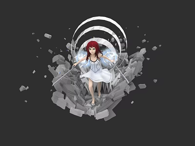 Woman with red hair in white dress emerging from broken stones with white curved structure 3d model