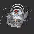 Woman with red hair in white dress emerging from broken stones with white curved structure