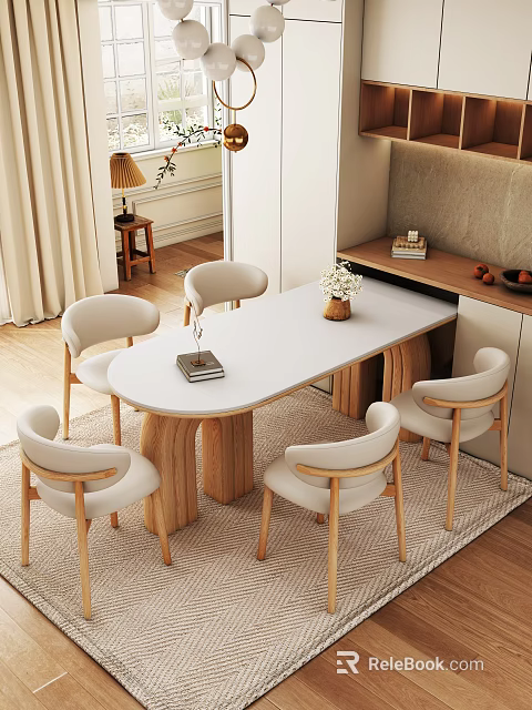 Cozy Modern Dining Room With Oval Table Light Chairs White Flower Vase And Decorations 3d model 