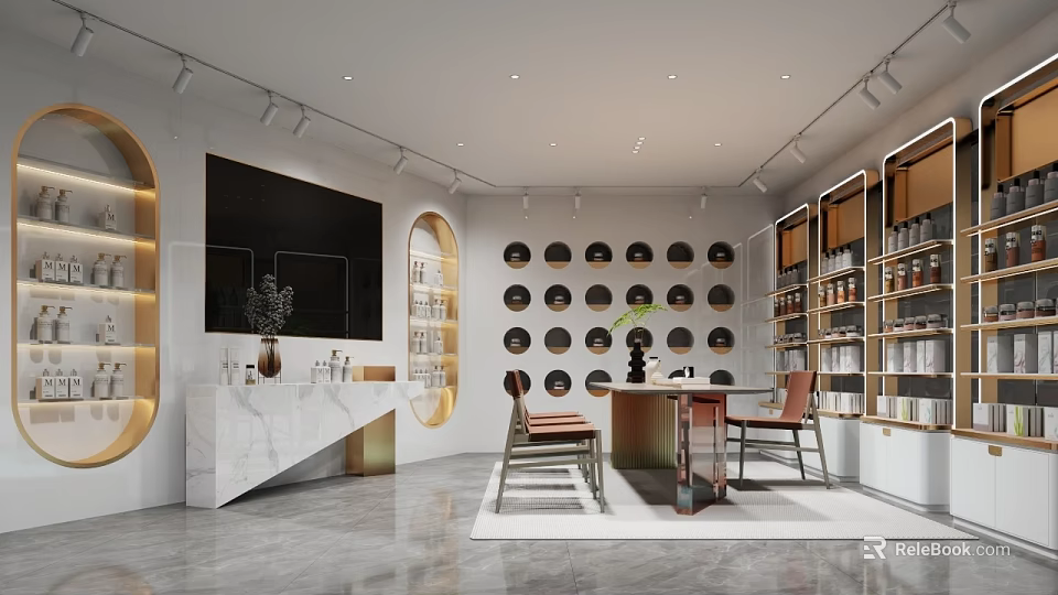 Modern Boutique Store Interior With Circular Display Shelves And Comfortable Seats 3d model 