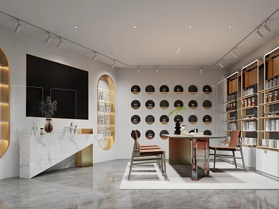 Modern Boutique Store Interior With Circular Display Shelves And Comfortable Seats 3d model