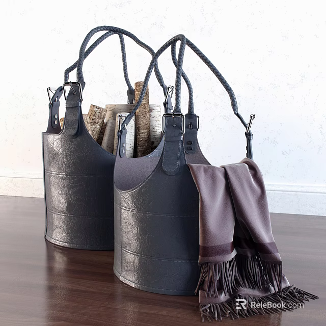 Chic Leather Storage Baskets with Black Handles Holding Firewood and Blanket Tassels 3d model 
