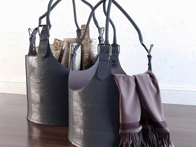 Chic Leather Storage Baskets with Black Handles Holding Firewood and Blanket Tassels 3d model