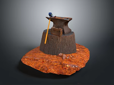 Rustic Blacksmith Anvil Setup With Tree Stump Base Hammer And Ore Fragments 3d model
