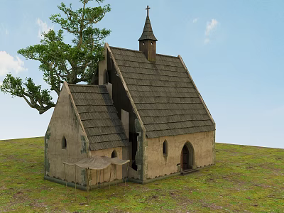 Traditional Stone Church With Steeple Cross Tile Roof And Large Tree In Grass Field 3d model