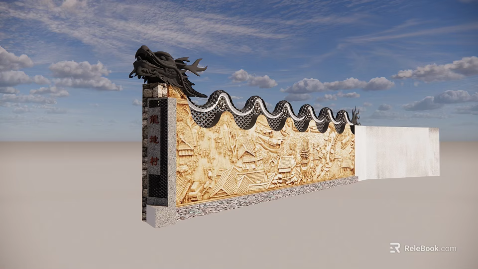 Traditional Scenic Wall with Dragon Decoration Wavy Top and Relief Carvings Under Blue Sky 3d model 