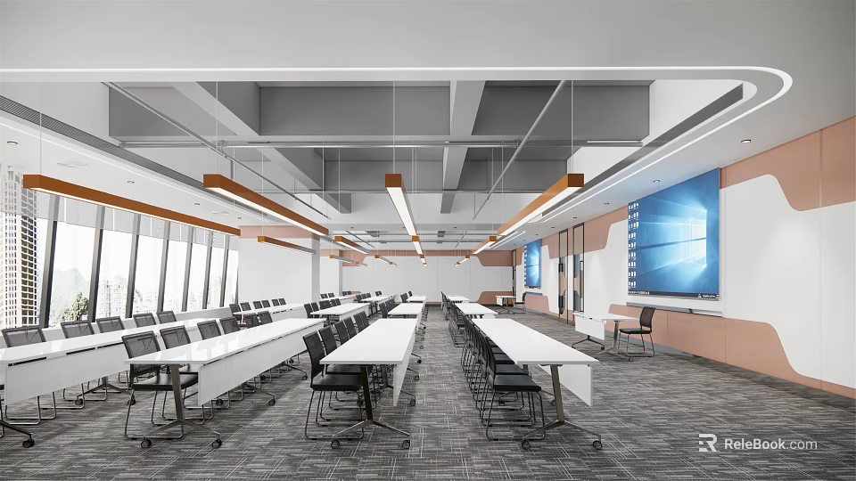 Modern Conference Room Interior With Long Tables Black Chairs And Wall Mounted Screen 3d model 