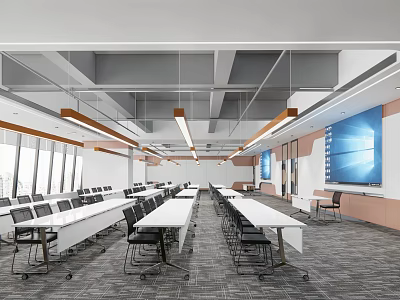 Modern Conference Room Interior With Long Tables Black Chairs And Wall Mounted Screen 3d model